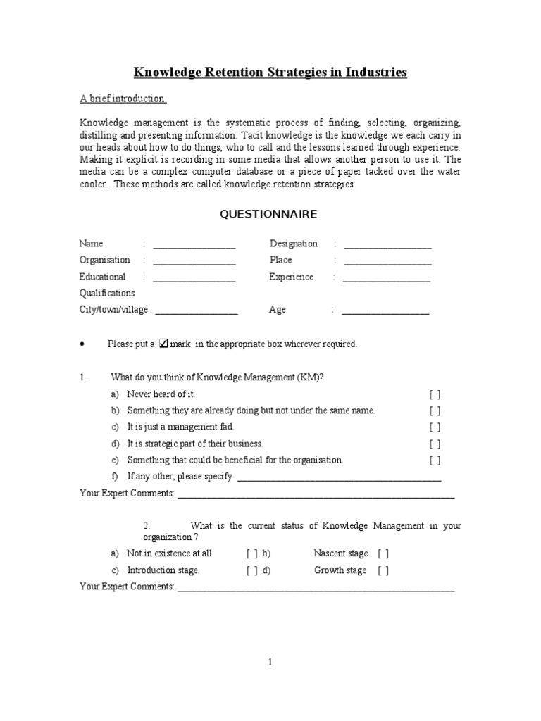 Questionnaire in Knowledge Management | PDF