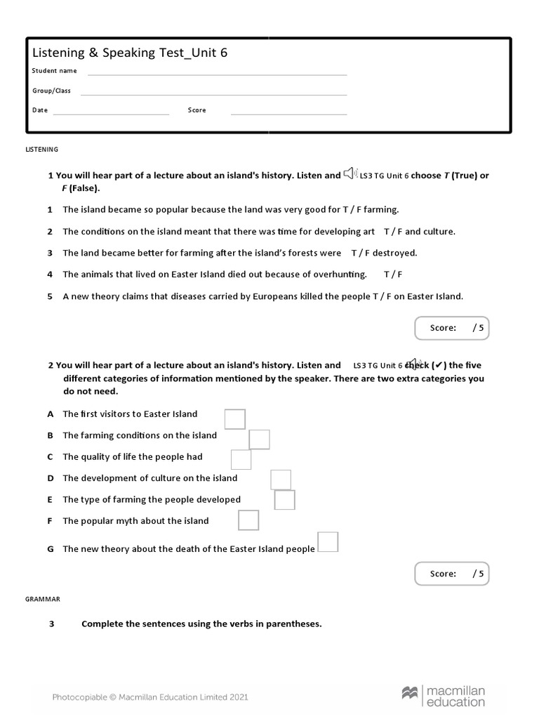 Listening & Speaking Test - Unit 6: F (False) | PDF