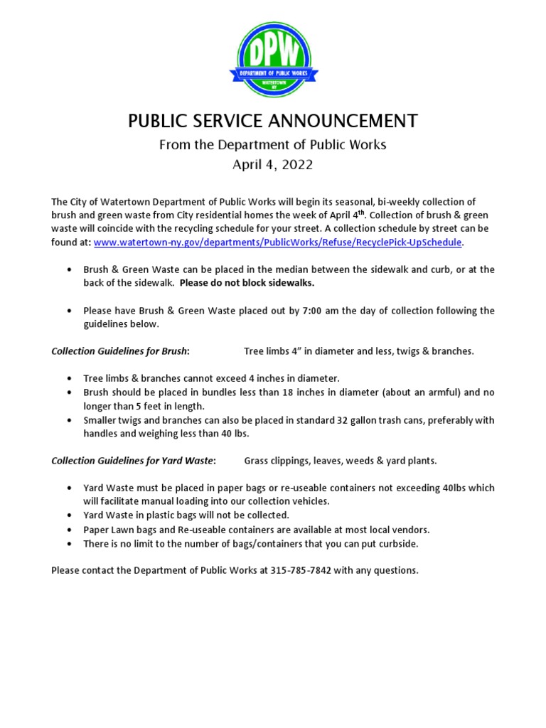 Seasonal Pickup of Brush and Yard Waste in Watertown, NY PDF