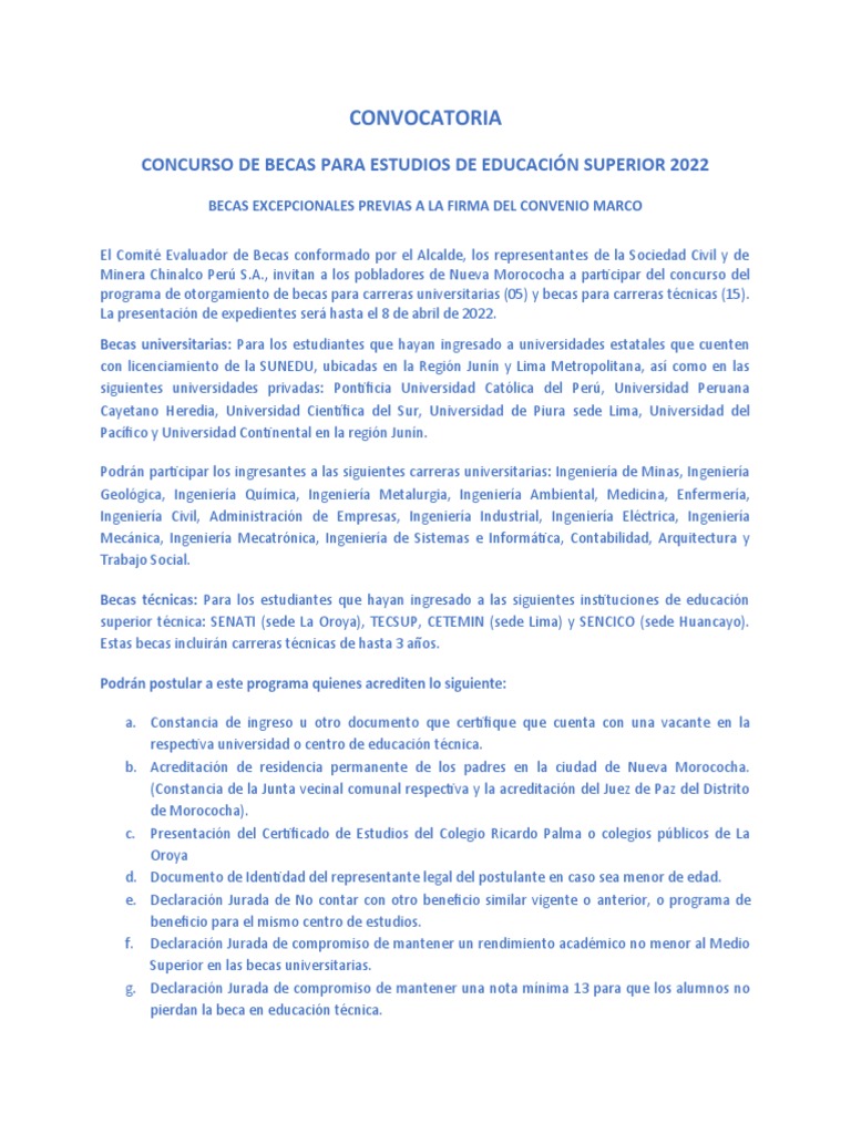 Convocatoria Becas Educación Superior 2022 | PDF | Universidad | Lima