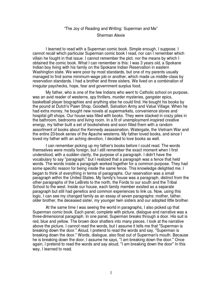 The Joy of Reading and Writing Superman and Me Alexie PDF