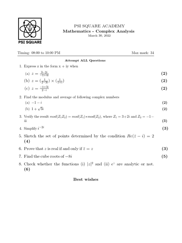 IISER 2022 Complex Analysis Exam Paper | PDF
