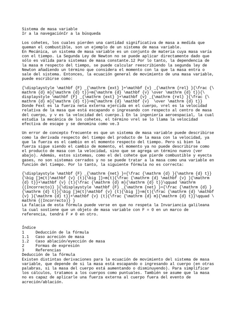 Sistema de Masa Variable PDF Masa Mecanica clasica