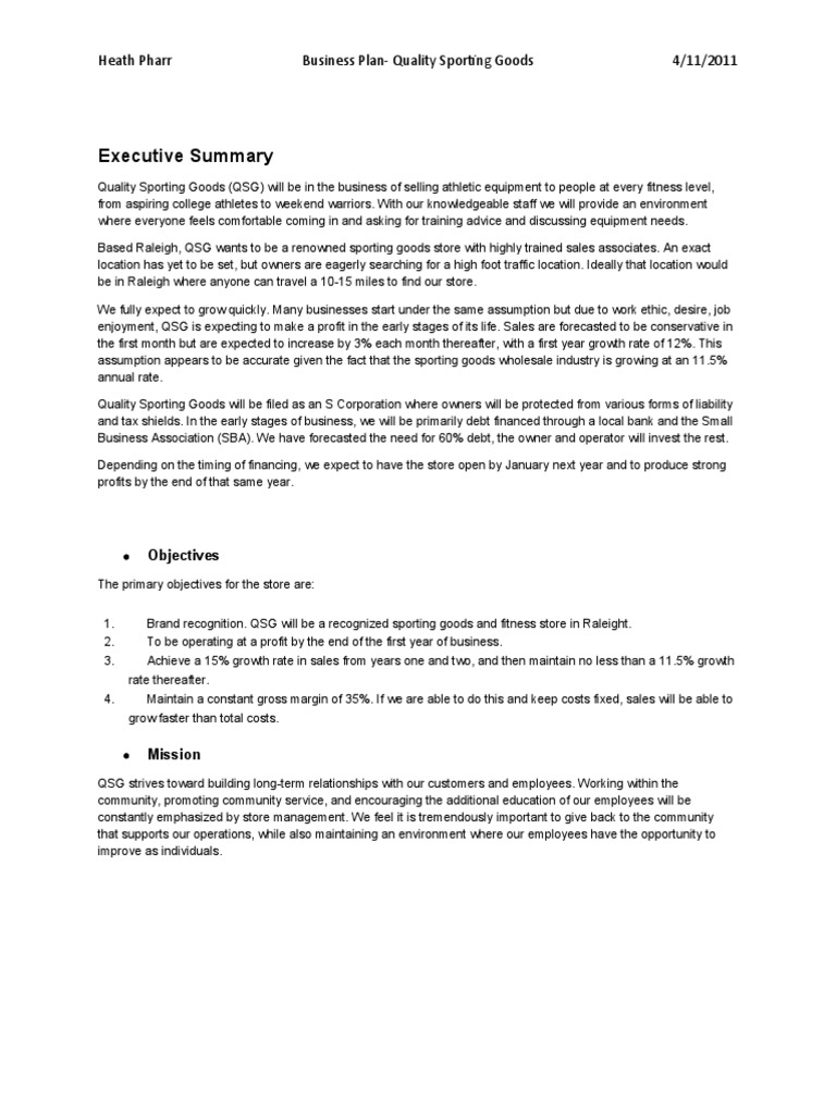 Quality Sporting Goods Business Plan | PDF | Business Economics ...