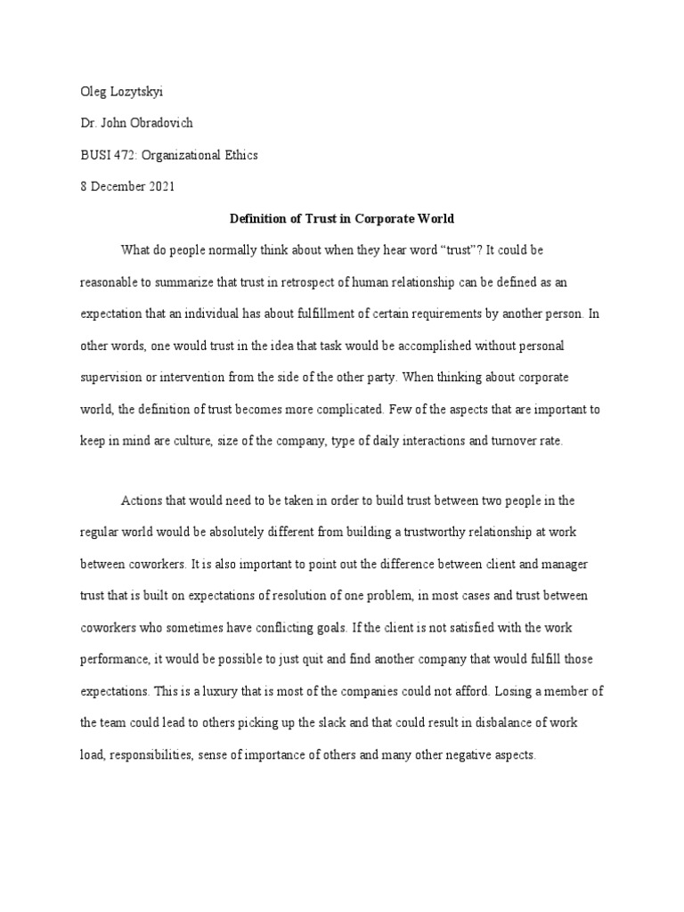 Definition of Trust in Corporate World PDF Employment Economies