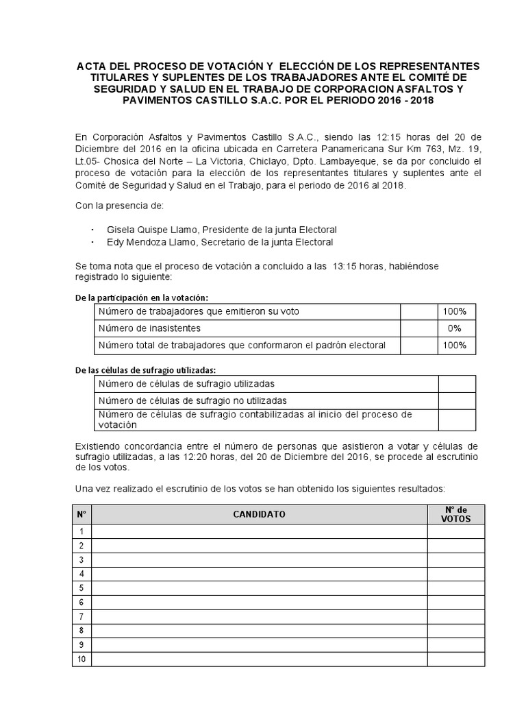 Acta de Conclusión Del Proceso de Votación Del Comité SST | PDF ...