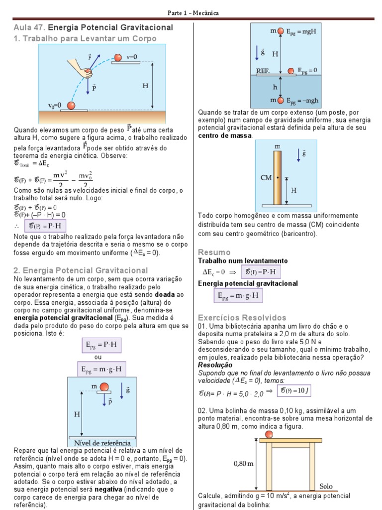 Aula 47 - Energia Potencial Gravitacional | PDF | Energia potencial |  Centro de massa, image size:768x1024