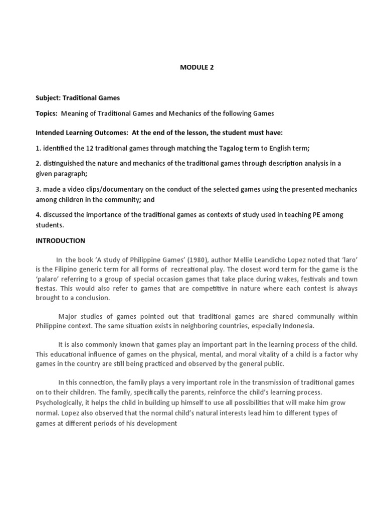 Module 2 Traditional Games | PDF | Learning