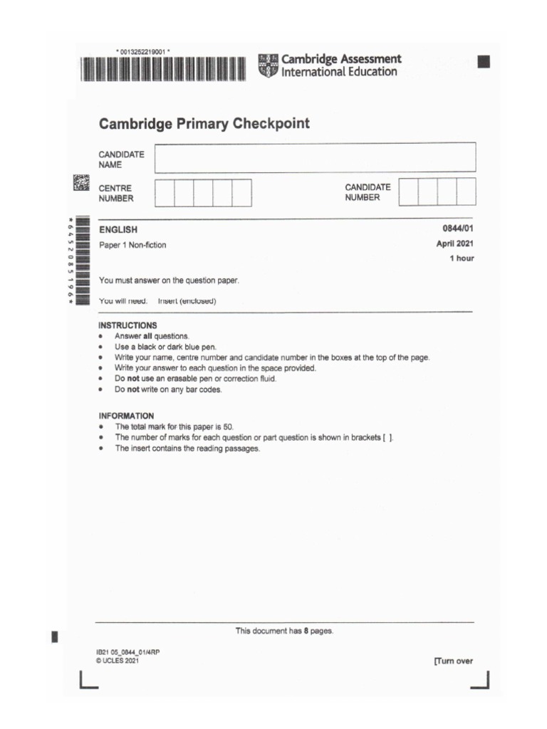 Cambridge Primary Checkpoint English (0844) April 2021 Paper 1