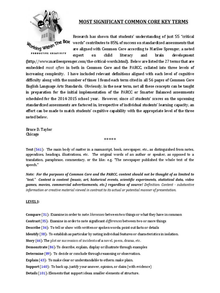 Common Core Key Terms (Vocabulary) PDF Idea Reason
