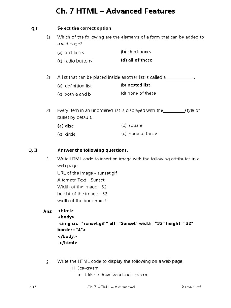 AS - Worksheet 1 - VII - ICT - HTML - Advanced Features | PDF | Html ...