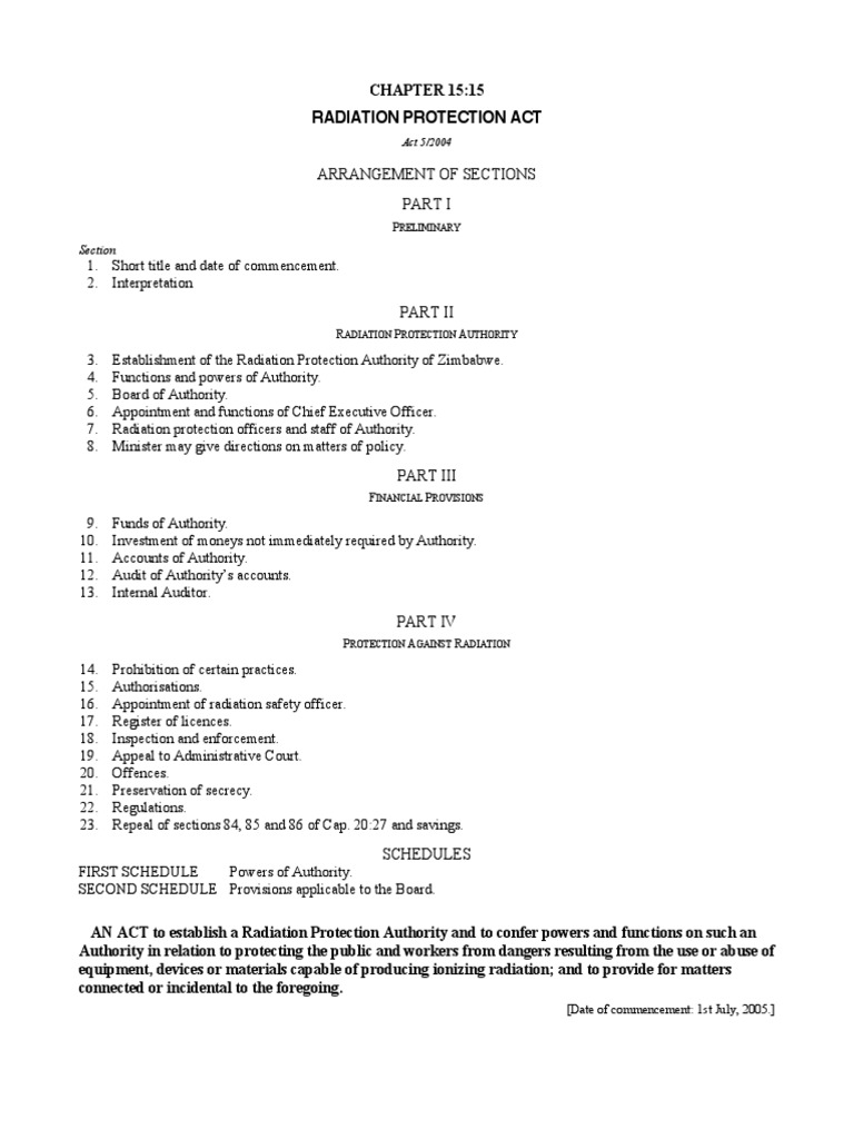 ZW Radiation Protection Act PDF Ionizing Radiation Radiation