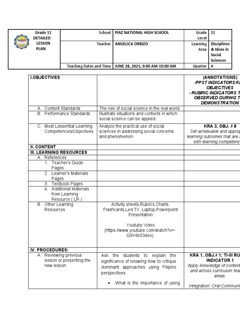Grade 11 Social Studies Lesson Plan | PDF | Learning | Curriculum