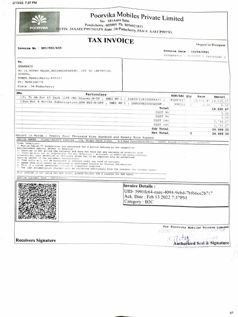 Poorvika Mobiles Private Limited Tax Invoice PDF