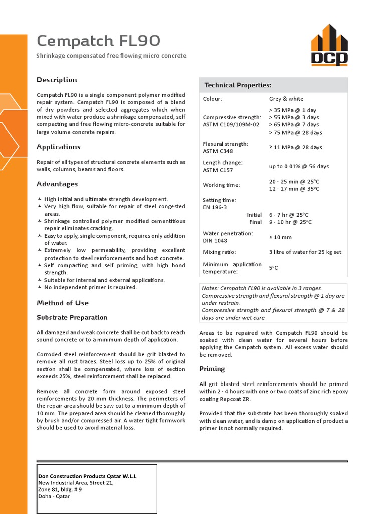Cempatch FL90 Micro Concrete Repair | PDF | Concrete | Materials