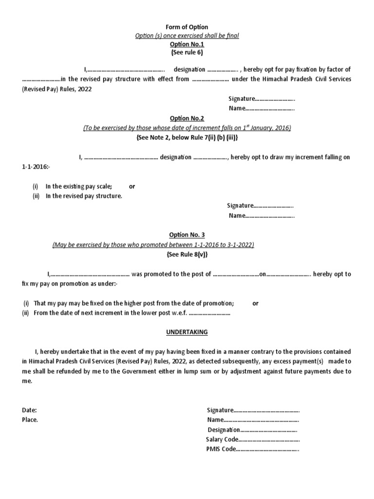 Himachal Pradesh Civil Services (Revised Pay) Rules 2022 Form for