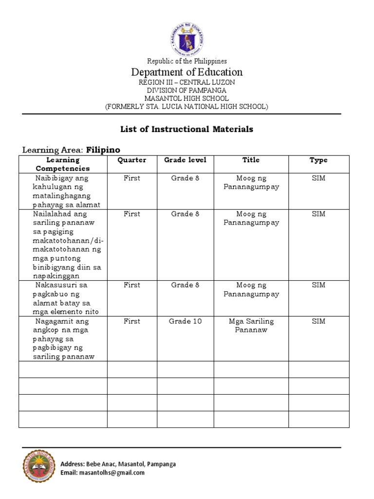 Department of Education List of Instructional Materials PDF Chemistry