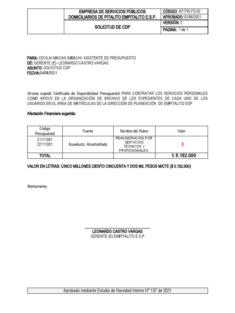 Solicitud de CDP para Servicios Personales | PDF