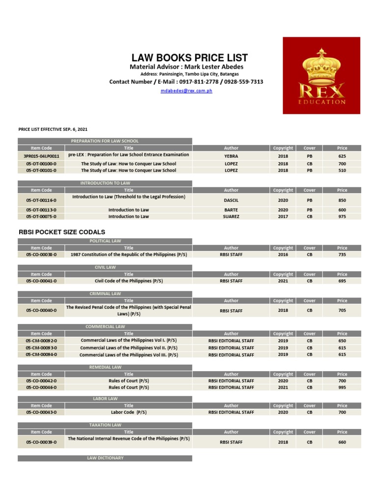 Rex Education (REX Book Store) Law Books Pricelist (As of August 27