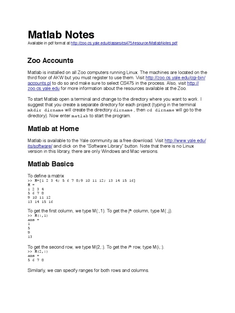 Matlab Notes Matlab Matrix (Mathematics)