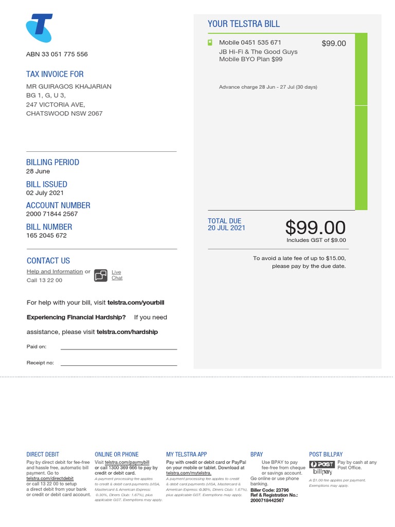 Tax Invoice For: Your Telstra Bill | PDF | Debit Card | Payments