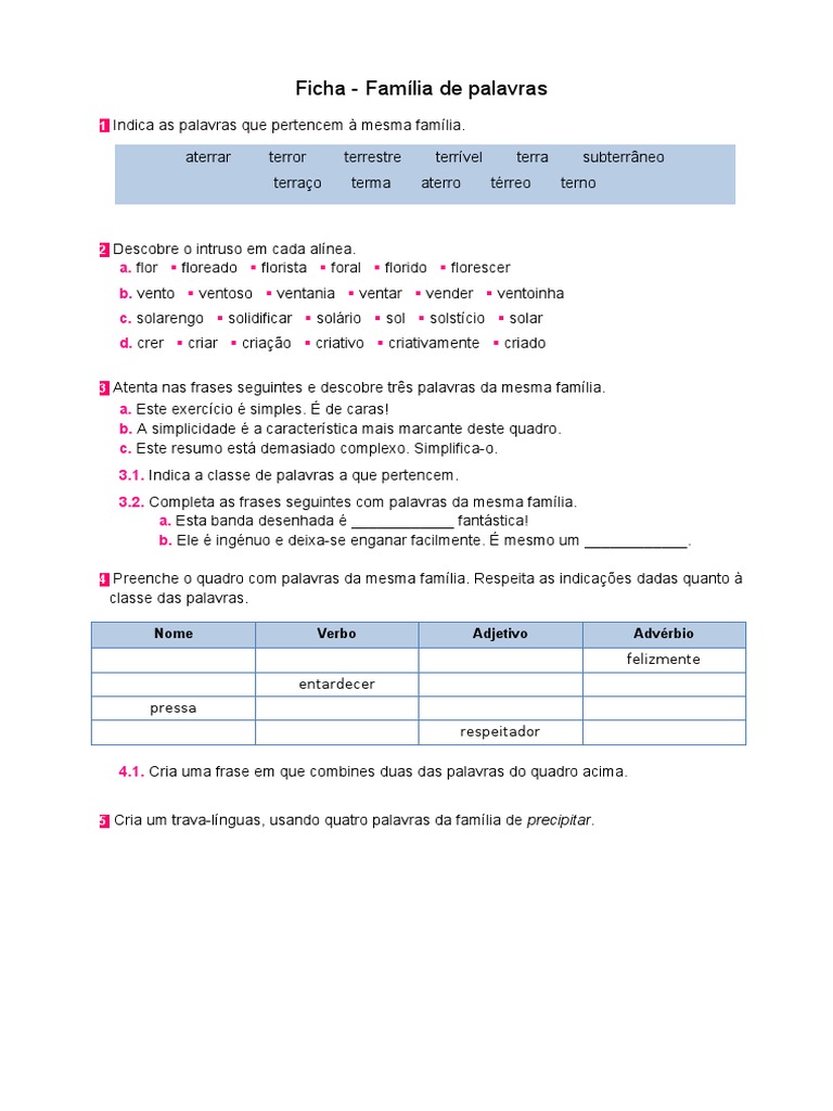 Ficha Portugues 5 Ano Familia de Palavras | PDF