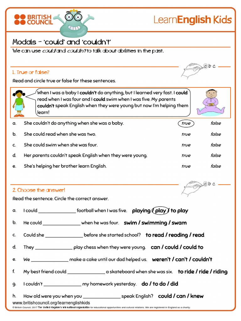 Grammar Practice Modals Could and Couldnt Worksheet | PDF | English ...