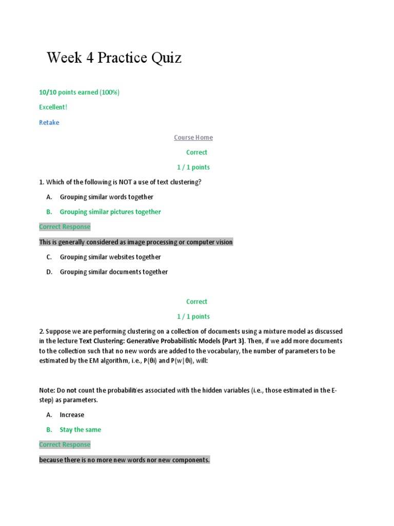 Week 4 Practice Quiz | PDF | Cluster Analysis | Information Science