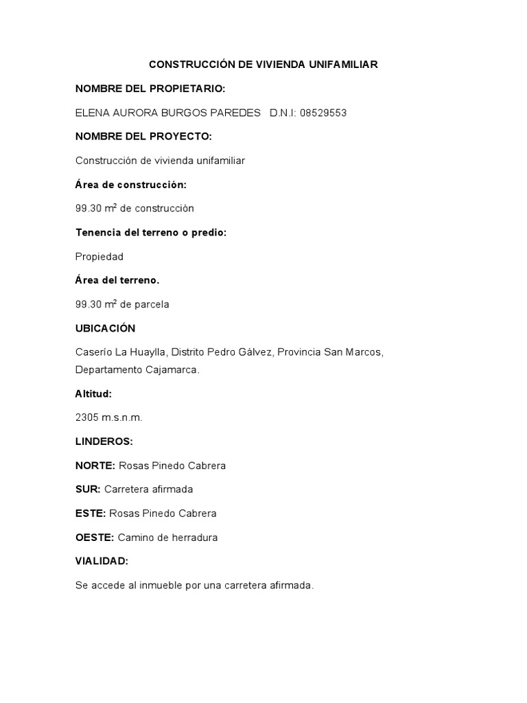 Proyecto de Construcción de Vivienda Unifamiliar | PDF | Hormigón ...