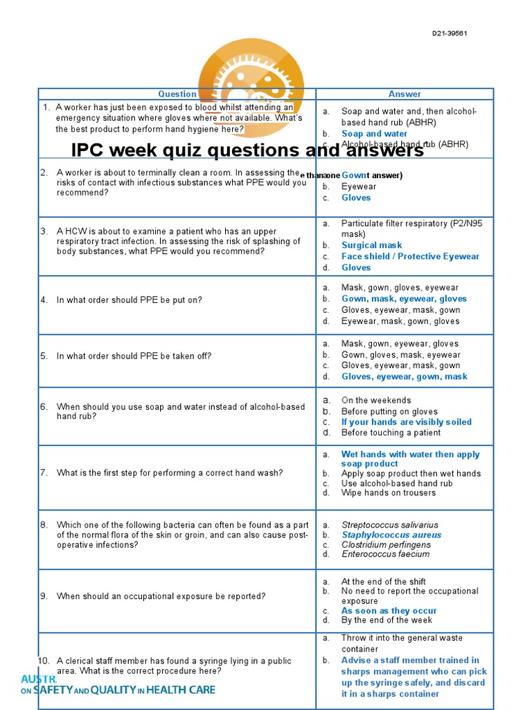 IPC Quiz Questions and Answers 2025 | PDF | Personal Protective Equipment | Hand Washing