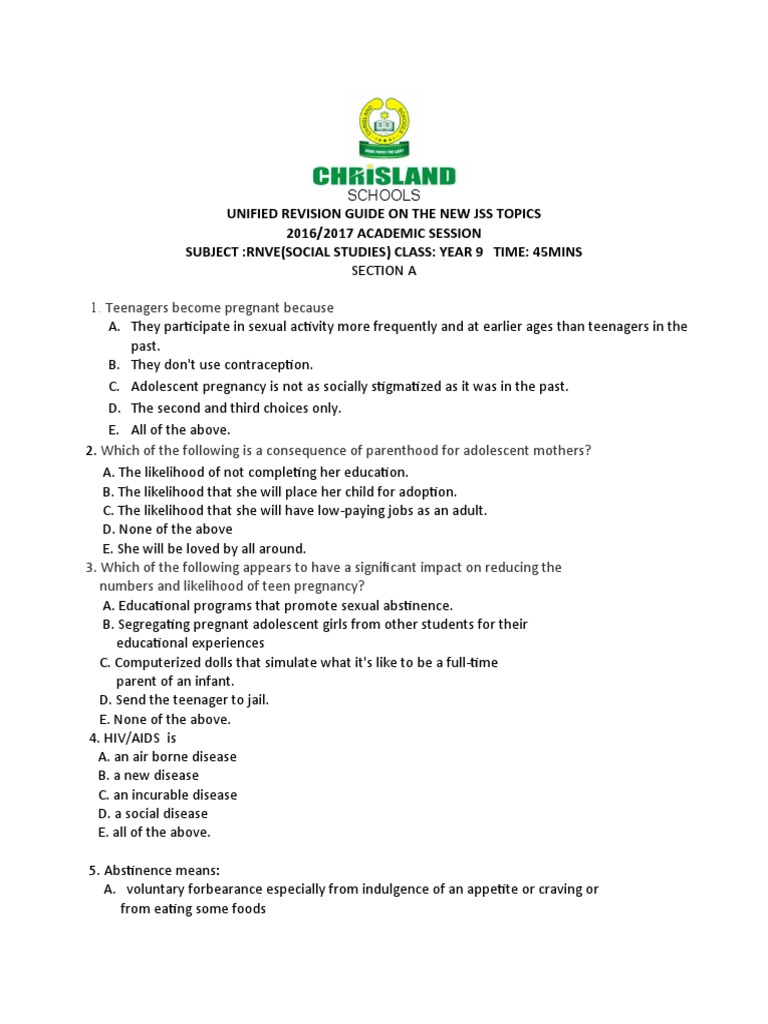Unified Revision Guide On The New Jss Topics 2016/2017 ACADEMIC SESSION