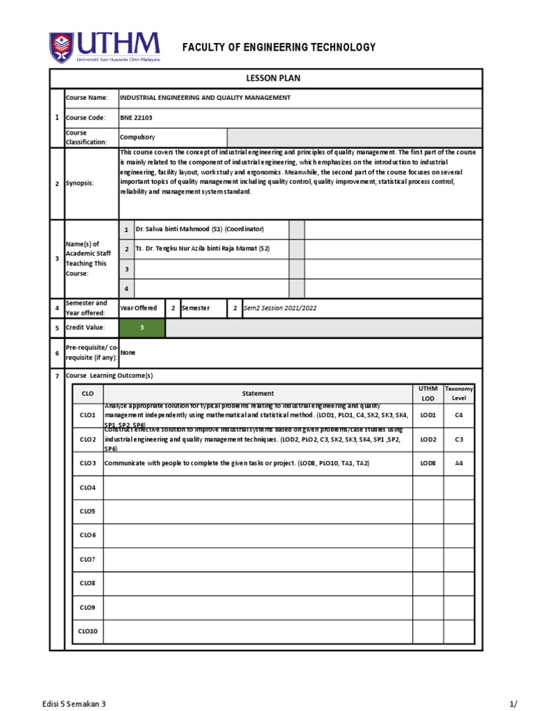 Faculty of Engineering Technology: Lesson Plan | PDF | Industrial ...