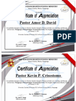 Certificate of Appreciation: Pastor Amor D. David