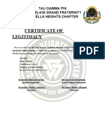 Certificate of Legitimacy: Tau Gamma Phi Triskelion Grand Fraternity Camella Heights Chapter