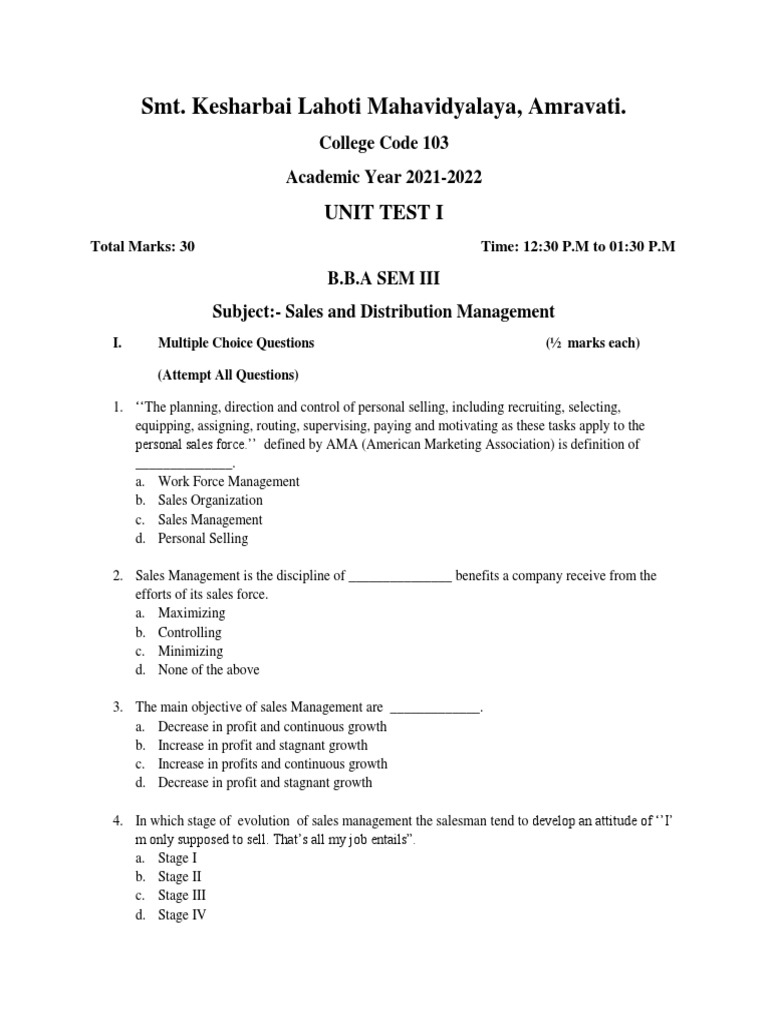 SDM Unit Test I Que Paper | PDF | Sales | Marketing