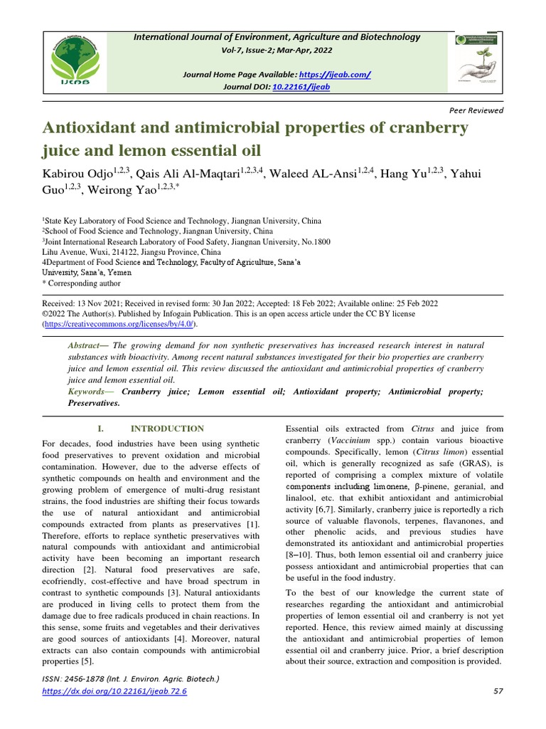 Antioxidant and Antimicrobial Properties of Cranberry Juice and Lemon Essential Oil PDF