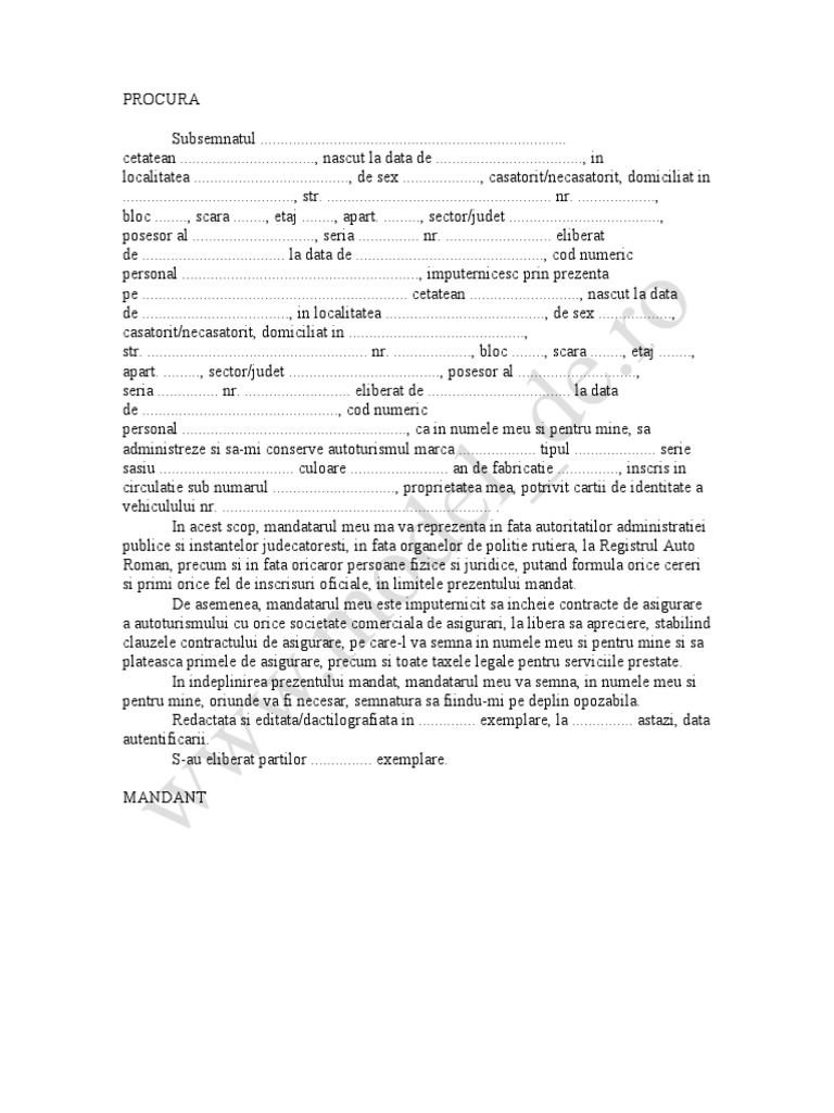 Procura Auto Notariala WWW Model de PDF