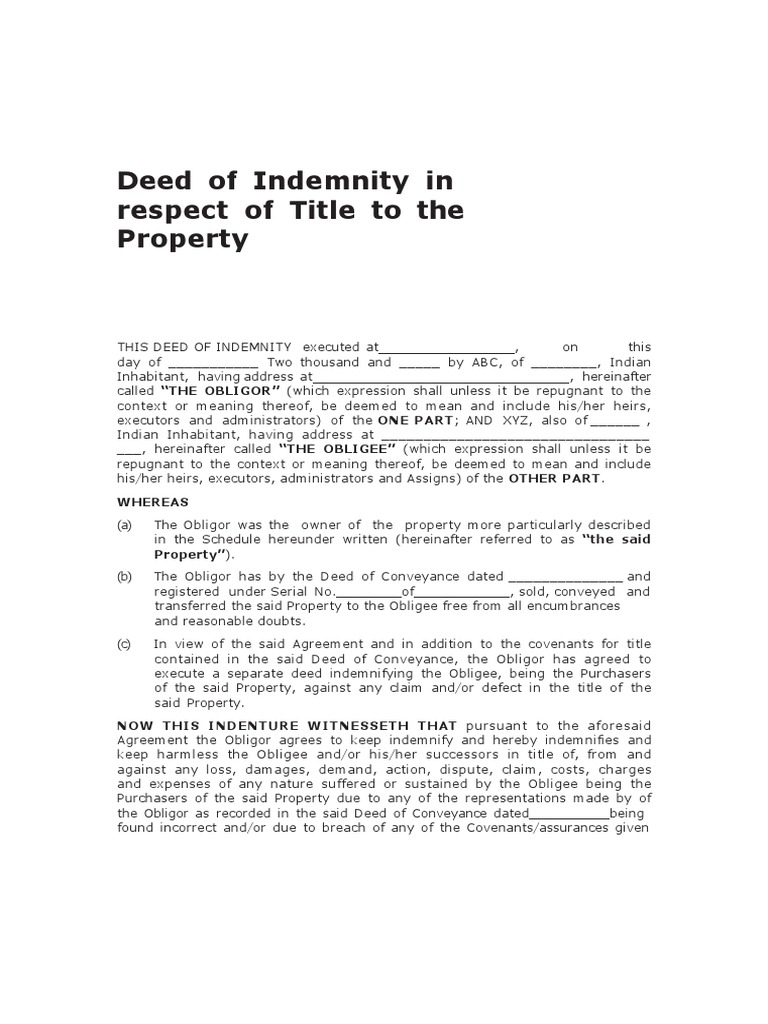 Deed of Indemnity in Respect To Title of Property | PDF | Indemnity | Deed