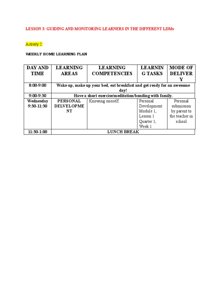 Weekly Home Learning Plan | PDF