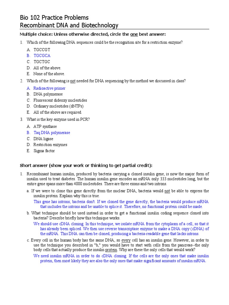 Recombinant DNA Practice Problems | PDF | Molecular Cloning | Plasmid