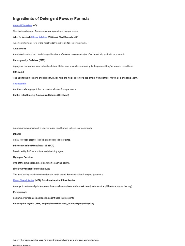 Ingredients of Detergent Powder Formula PDF Detergent Surfactant