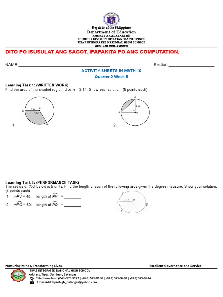 Math 10 Activity Sheets for Tipas High | PDF | Geometry | Mathematics