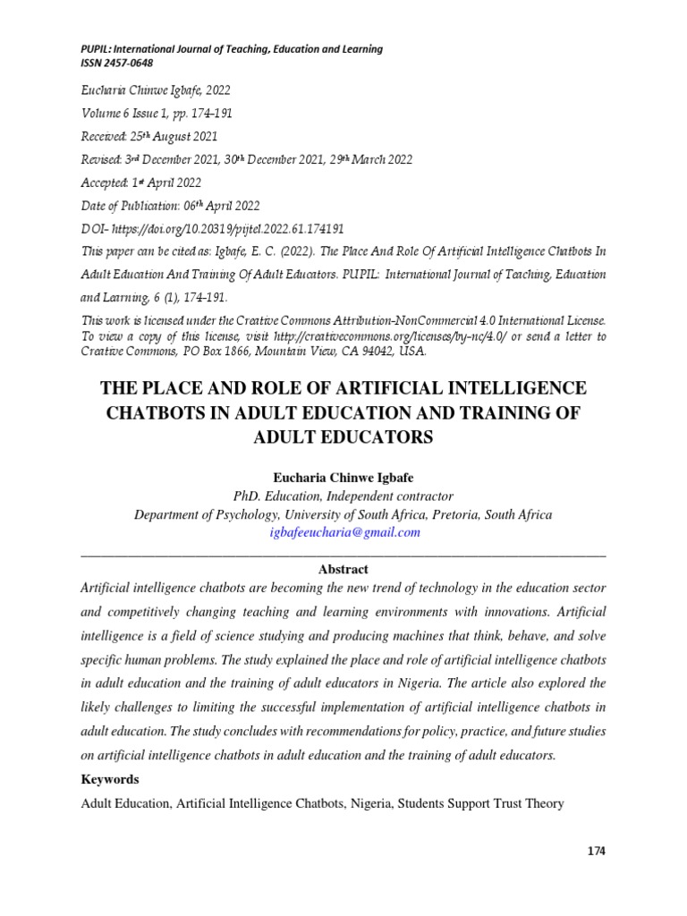 The Place And Role Of Artificial Intelligence Chatbots In Adult