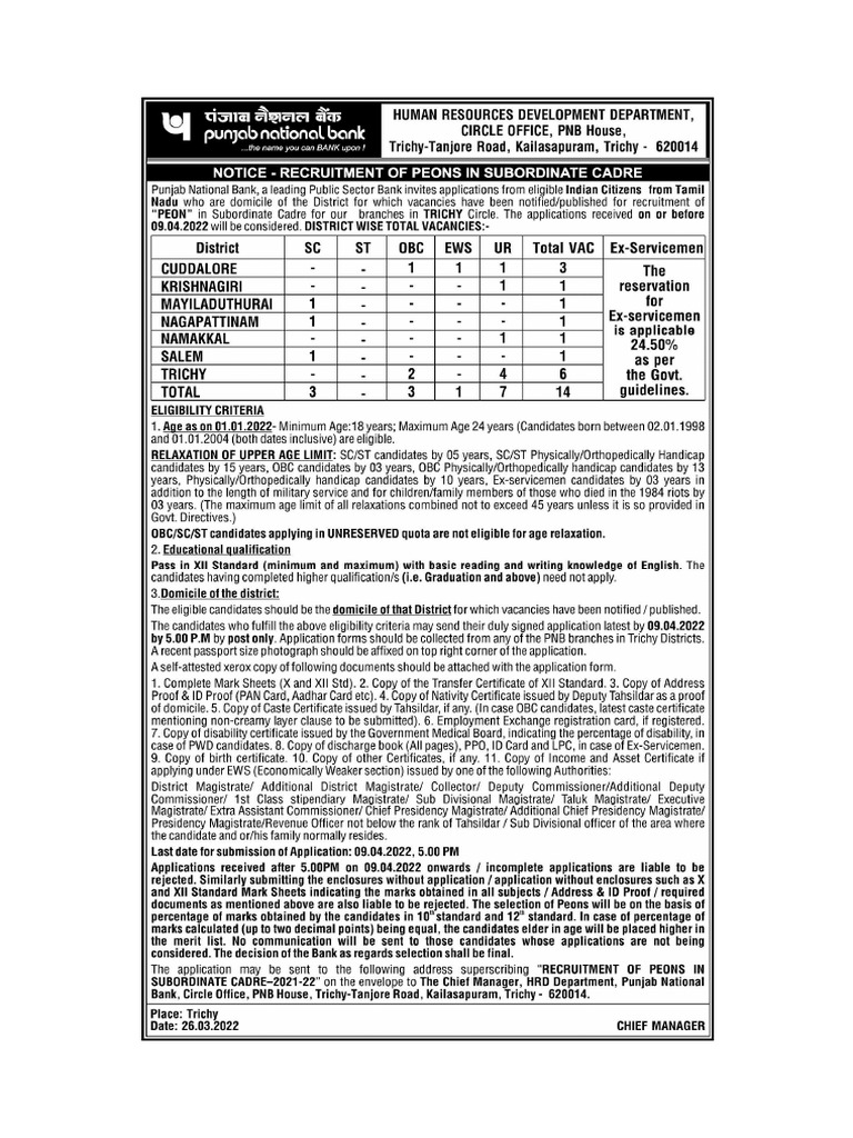 Notification PNB Part Time Sweeper Posts PDF