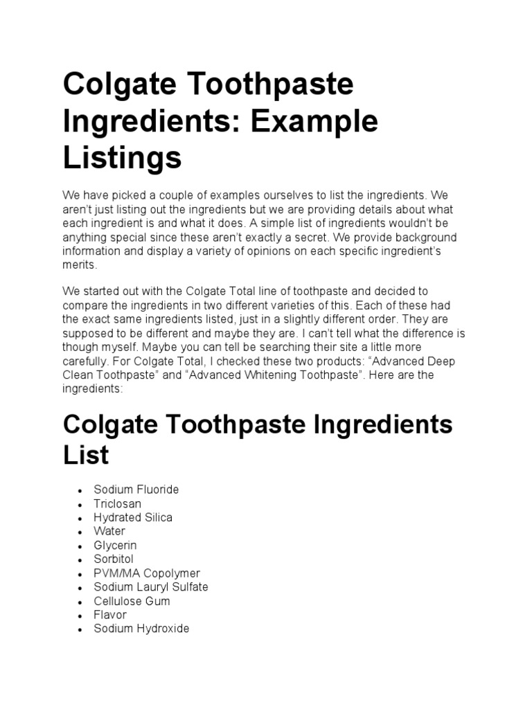 Colgate Toothpaste Ingredients PDF Chemistry Chemical Compounds