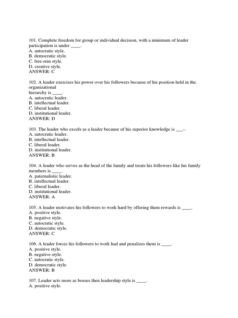 Principles of Management MCQ Questions and Answers PDF Leadership