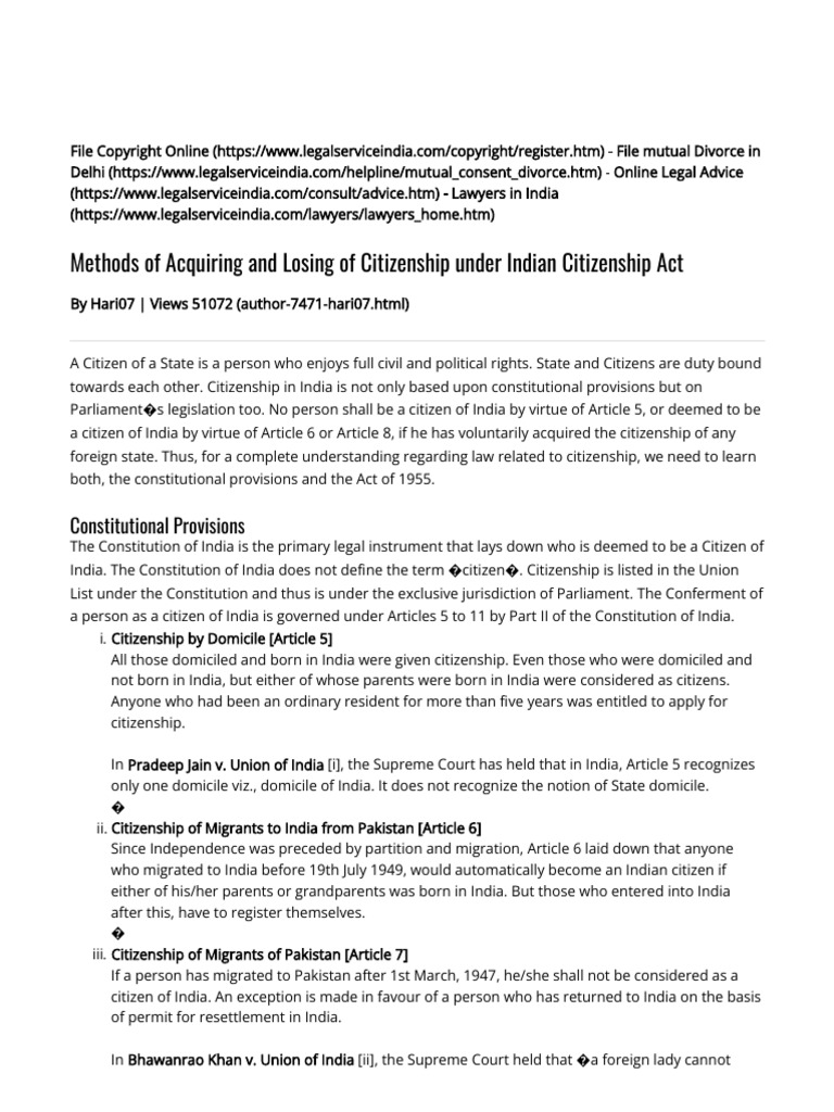 Citizenship Acquisition and Loss in India | PDF | Naturalization ...