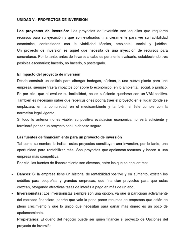 Unidad V. - Proyectos de Inversion | PDF | Tasa interna de retorno ...
