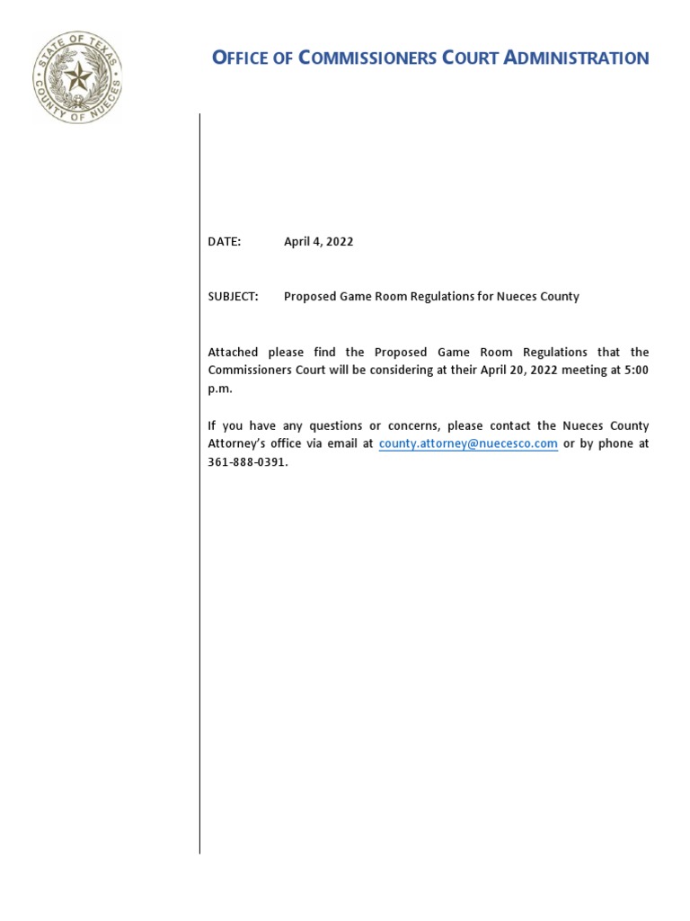 Proposed Game Room Regulations For Nueces County PDF Fire Safety