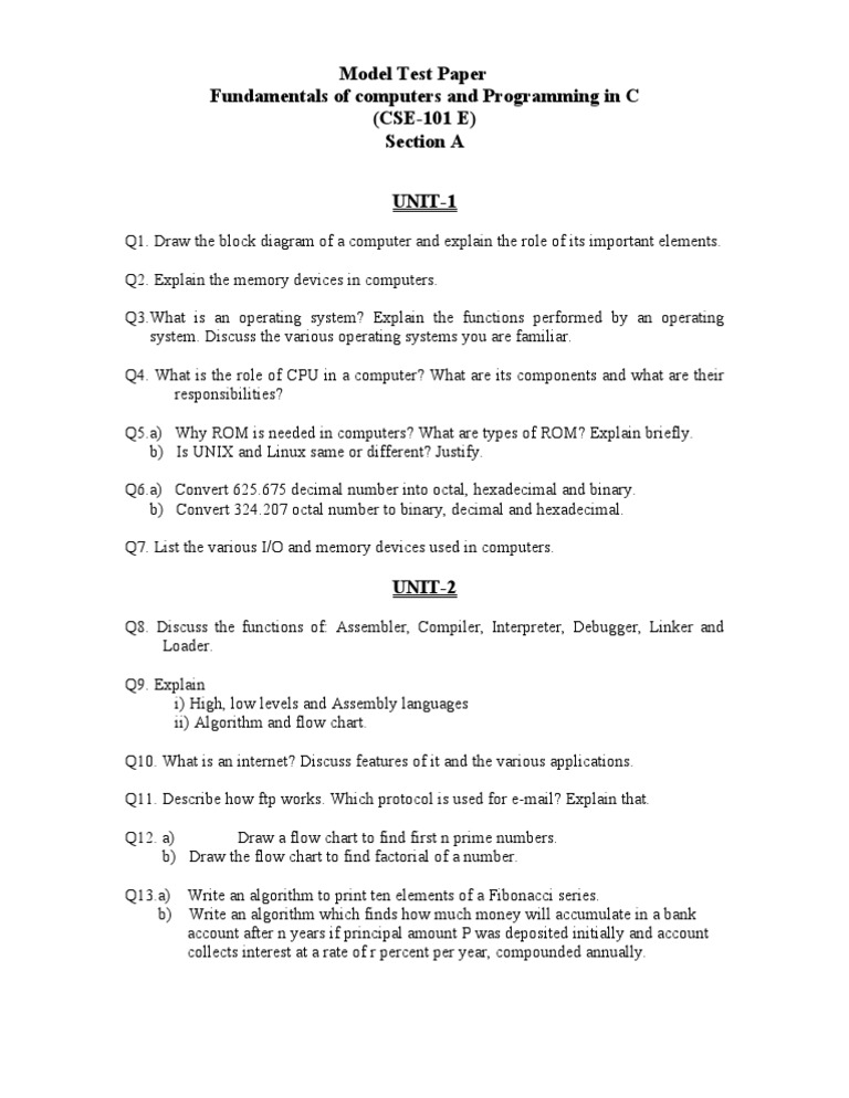 Model Test Paper Fundamentals of Computers and Programming in C (CSE ...